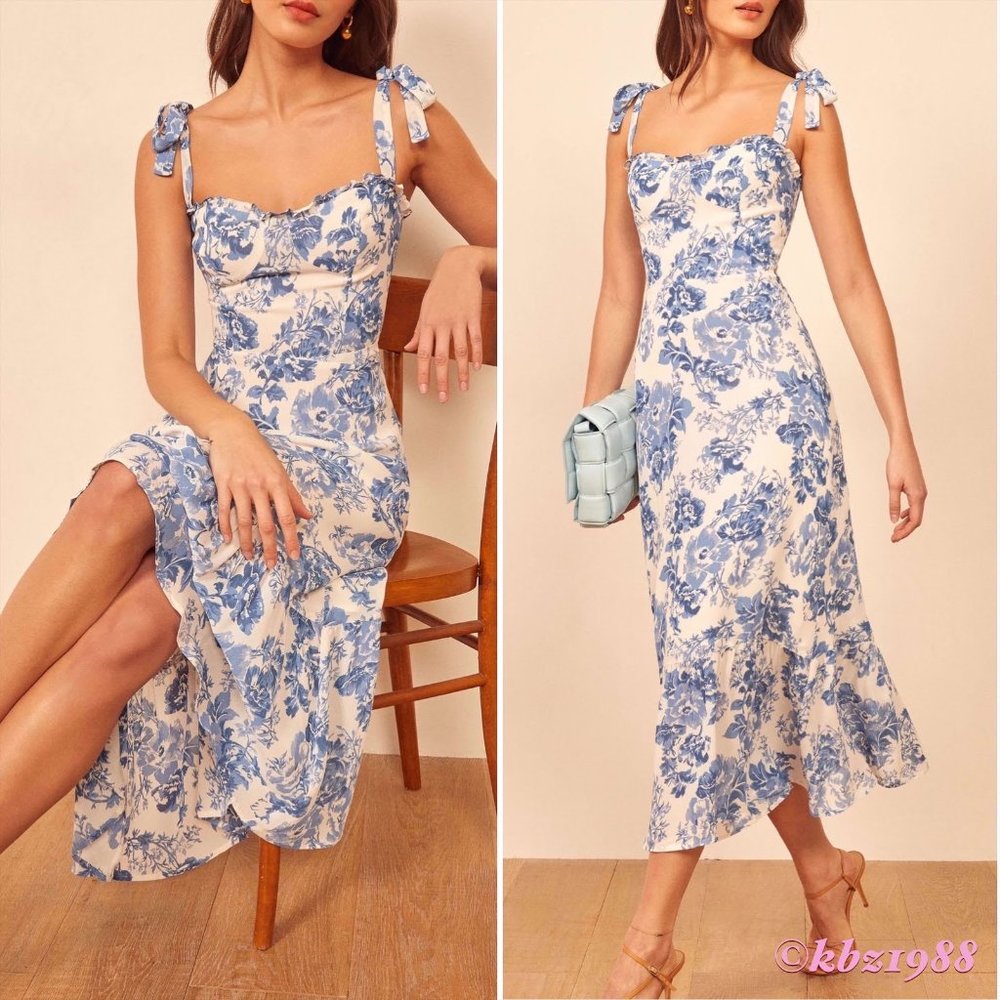 REFORMATION Nikita Blue White Long Floral Dress 6